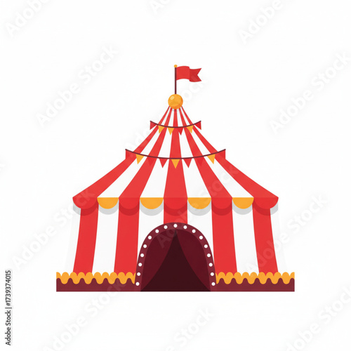 A circus tent, a colorful tent, holds wonders within its billowing canvas walls, promising enchantment and a captivating spectacle. Decorated with lights, it invites curiosity and excitement. Cartoon 