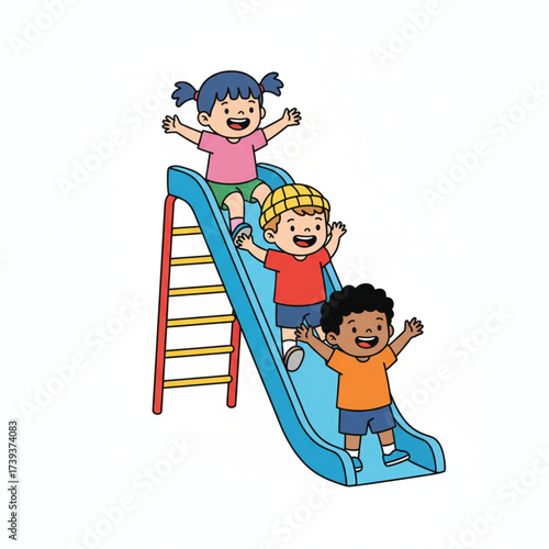 full vector of three cute children playing on a slide with a white background