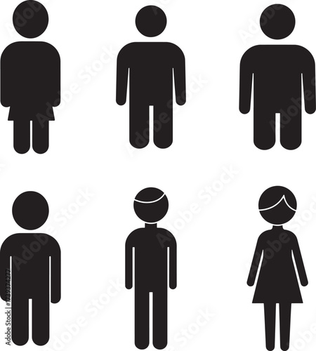 Six simple black silhouette figures representing men women and children for various uses