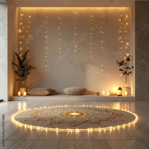 Warm glow of fairy lights illuminating a serene spiritual setup with mandala rug and plants