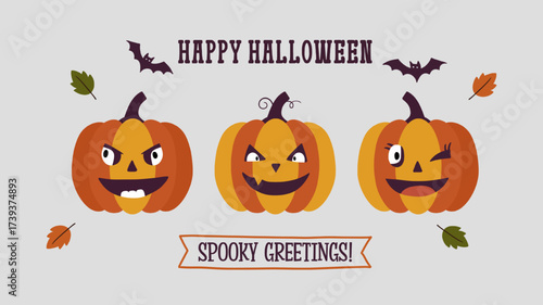 Happy Halloween banner with three expressive pumpkins.