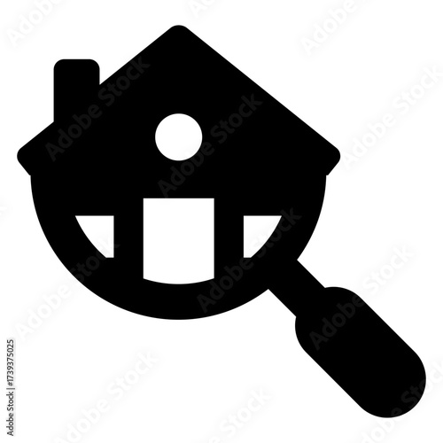 Icono con casa en lupa. Logo búsqueda de vivienda 