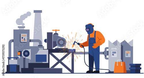 A factory worker welds with sparks flying amidst heavy machinery in an industrial setting