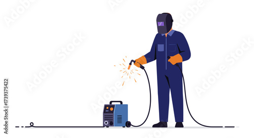 A welder in blue uniform with helmet is operating a welding machine sparking