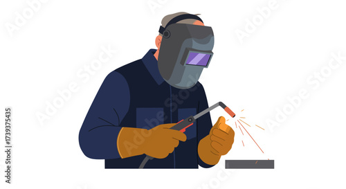 A welder in dark clothing and a protective mask is shown welding a metal object