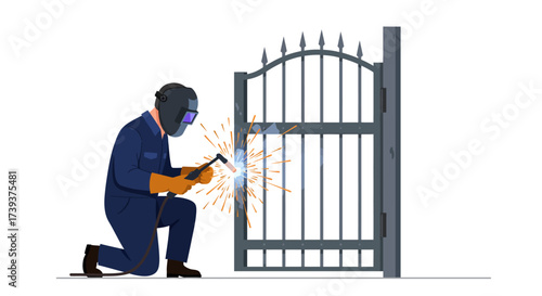 A welder in mask repairs a grey metal gate with sparks flying on a white background