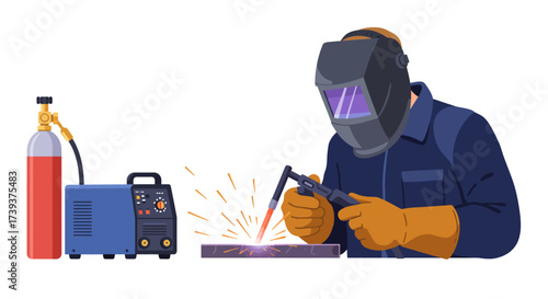 A welder in mask with equipment welds metal emitting sparks