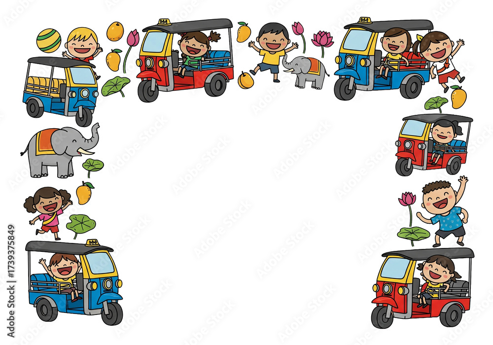 Fototapeta premium Joyful children celebrating in Thailand with tuk-tuks, elephants, mangoes, and lotus flowers.