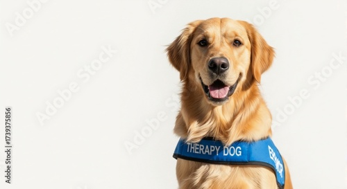 Portrait of a Golden Retriever therapy dog wearing a blue service vest. Friendly emotional support animal on a white background with copy space