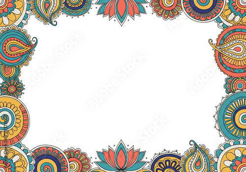 Colorful paisley and floral border with black background, inspired by Indian art and culture.