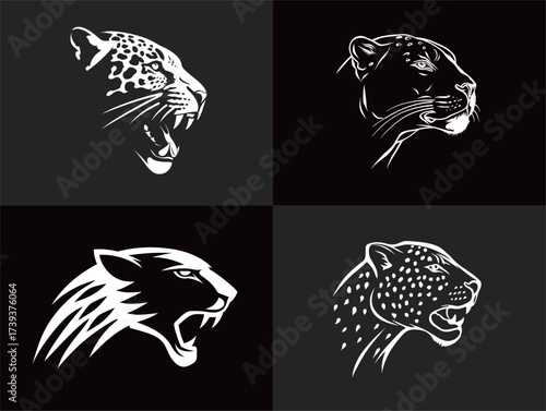 Four illustrations showcase various big cat heads, including a leopard and a jaguar, featuring bold and striking designs against dark backdrops.