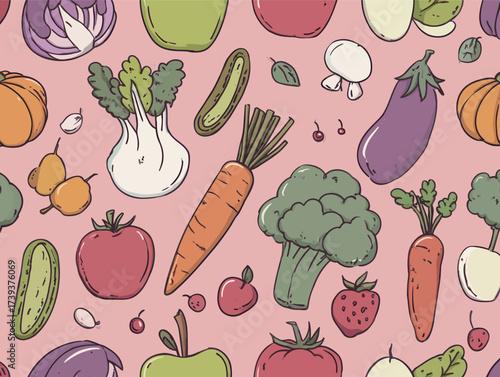 Fresh vegetables are displayed on a pink background, including carrots, broccoli, tomatoes, and cucumbers. This vibrant layout highlights healthy eating choices.