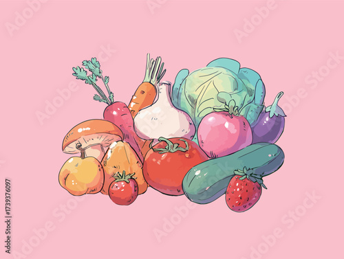 A selection of fresh vegetables and fruits is arranged on a soft pink background. The colorful display includes tomatoes, cucumbers, mushrooms, and berries.