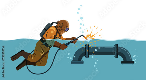 Diver welds underwater pipe sparks fly