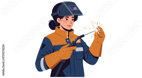Cartoon woman wearing a welding mask and gloves is welding an object producing sparks