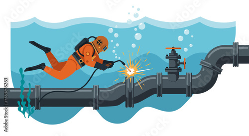 Diver welding pipe underwater with bubbles and seaweed orange suit