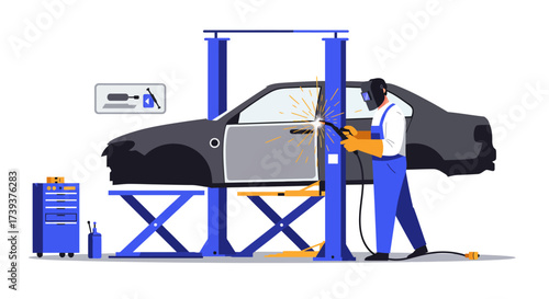 Mechanic welds a car door in a garage with tools and a lift sparks flying