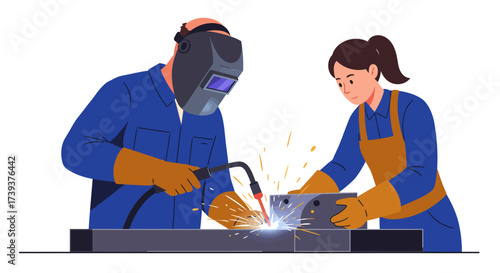 Two welders one wearing a mask welding metal pieces on a table sparks flying
