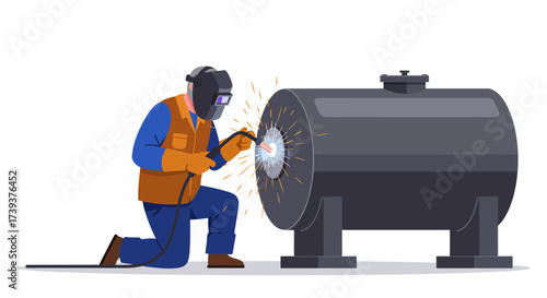 Welder at work Kneeling man welds a metal tank sparks flying Safety gear is worn