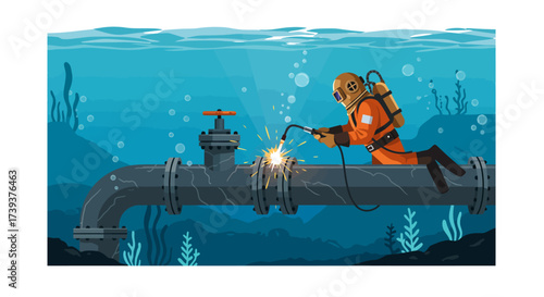 Underwater welder repairs a pipe sparks flying amidst aquatic plants and bubbles