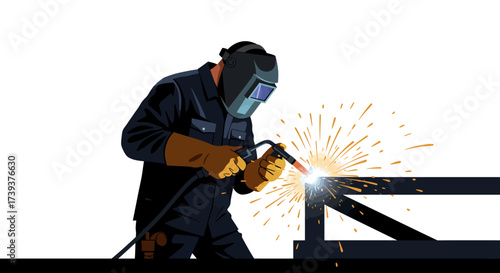 Welder in dark suit and mask welds metal beams sparks flying