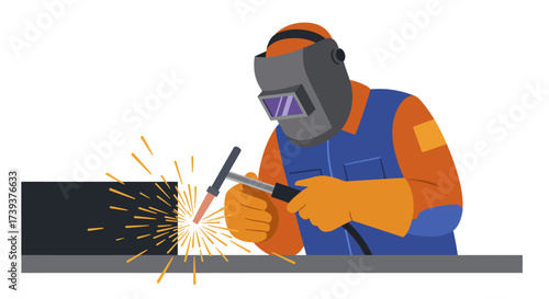Welder in gear sparks metal with a welding torch
