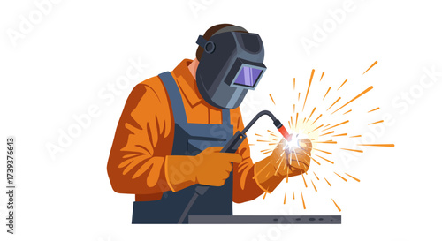 Welder in helmet sparks light