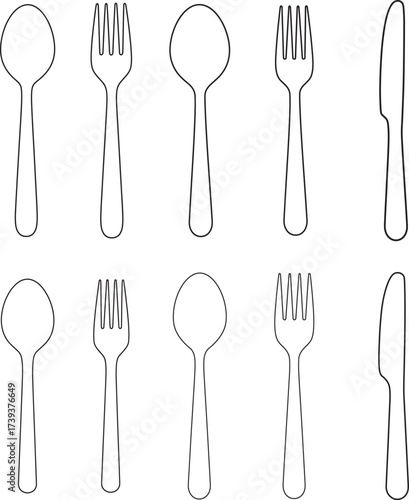 Collection of hand drawn outline sketches of cutlery including spoons forks and knives