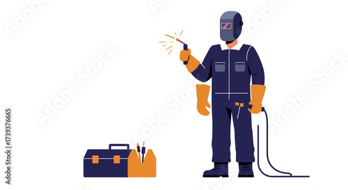 Welder in mask gloves jumpsuit welding with toolbox on the ground