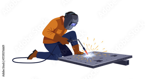 Welder in helmet and gloves kneeling welding metal with sparks flying in a workshop