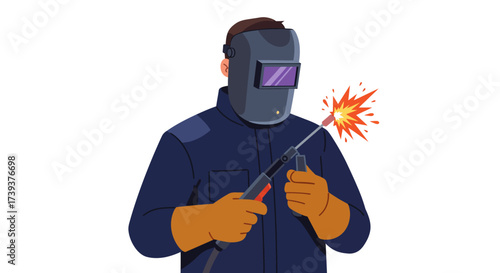 Welder in mask gloves  blue jumpsuit holds torch with orange sparks
