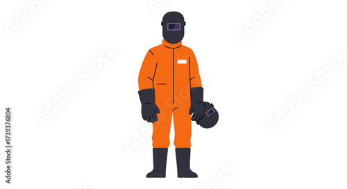 Welder in orange jumpsuit gloves and helmet holding spare helmet