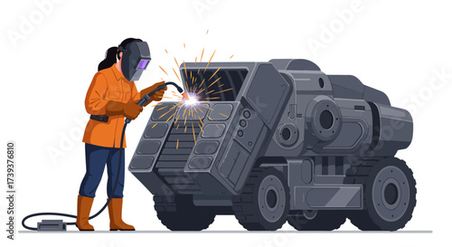 Welder in orange jacket welds gray wheeled machine with metal sparks