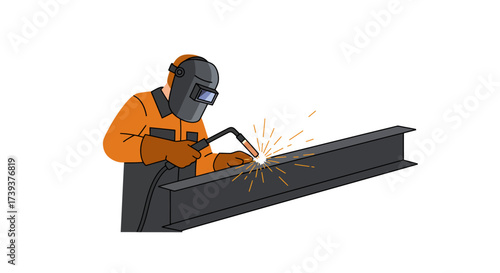 Welder in orange jumpsuit welding on steel beam with protective mask and gloves sparks flying