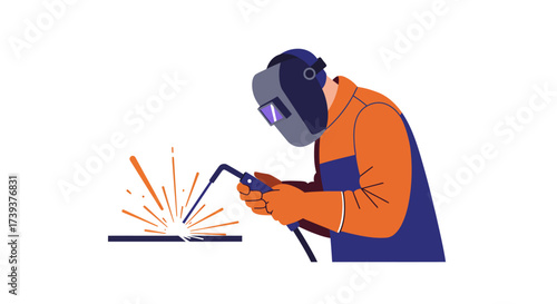 Welder in orange suit  mask working on metal bar with sparks in a white space