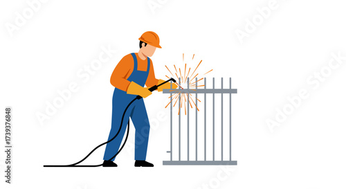 Welder in orange shirt and blue overalls welds a gray metal fence while wearing a yellow hard hat and yellow gloves