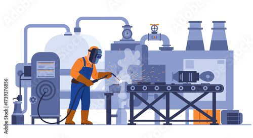 Welder in overalls welds metal on a factory floor amidst machinery