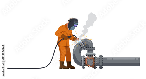 Welder in orange suit welds pipes mask on sparks fly smoke visible