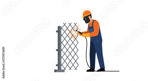 Welder in PPE welds metal fence sparks visible