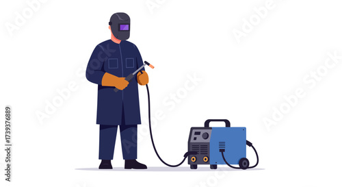 Welder in protective gear holds a welding torch next to a blue welding machine