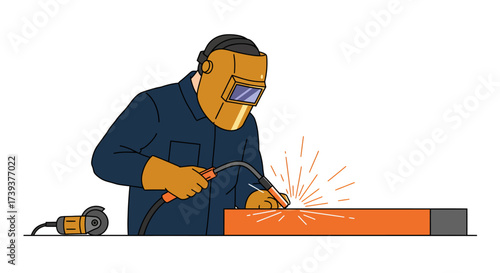 Welder in safety gear sparks metal with grinder nearby against a white background