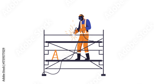 Welder in safety gear works on scaffolding sparks flying
