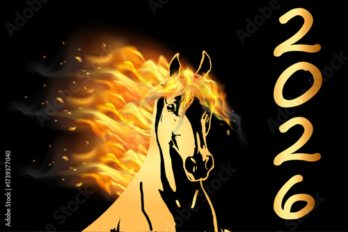 Fiery horse symbol 2026 and fiery numbers on a background of flame fire.Close-up, long