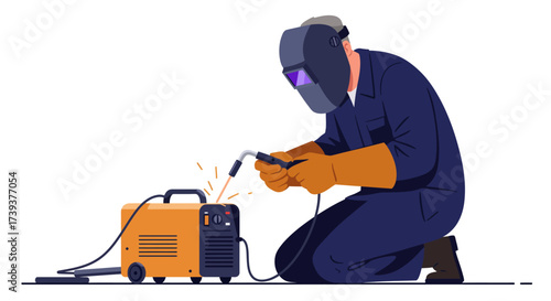 Welder kneeling using equipment Sparks and gear are visible