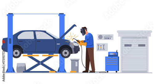 Welder repairs a car on a lift in an auto shop indicated by the toolbox and garage door