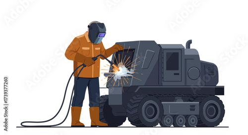 Welder repairs gray machine sparks flying Safety gear worn