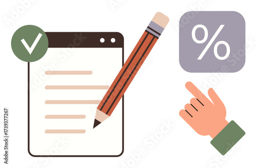 Document with a checklist, orange pencil, green check mark symbol, hand pointing to a percentage icon. Ideal for productivity, evaluation, planning, progress tracking, goal setting decision-making