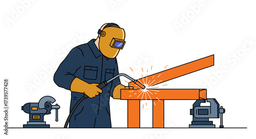 Welder wearing protective gear welds orange metal bars on a table between two vises