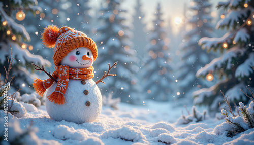 Cute knitted snowman toy with a happy smile, representing the Christmas holiday, against a snowy forest sunset background with copy space