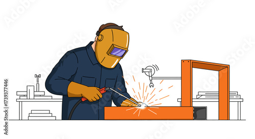 Welder welding orange metal hes wearing a mask and gloves with sparks flying